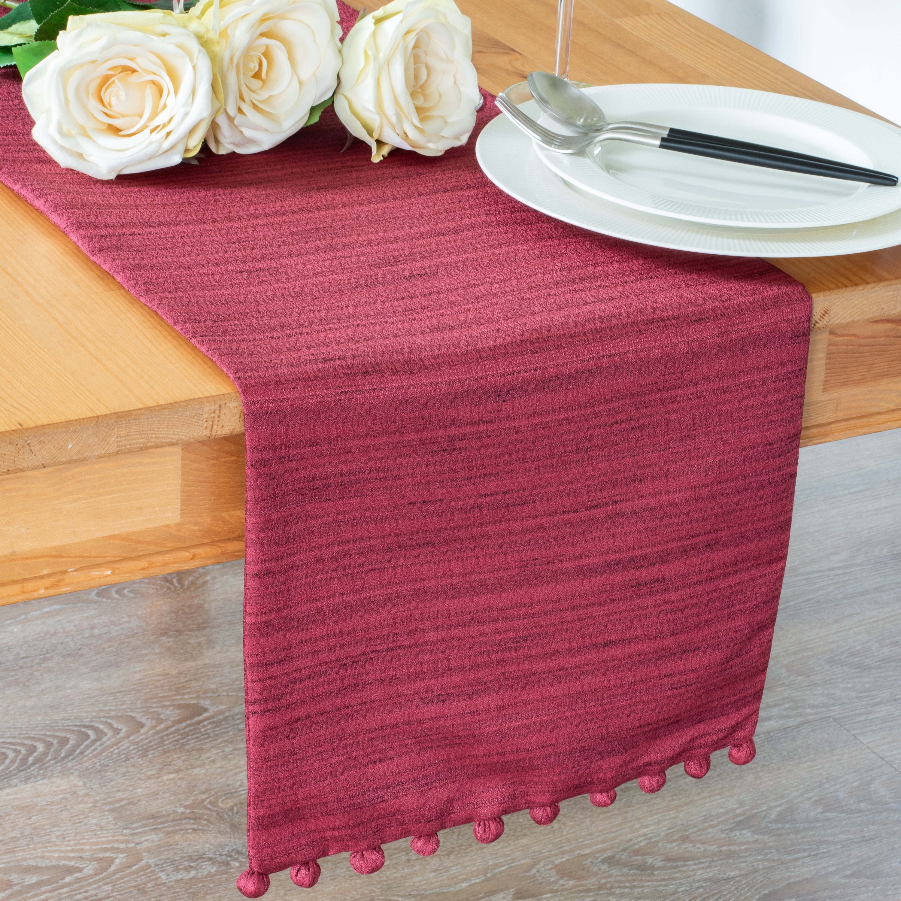 Maroon Side Table Runner with Pom Pom Trimming 36 inch Long Etsy