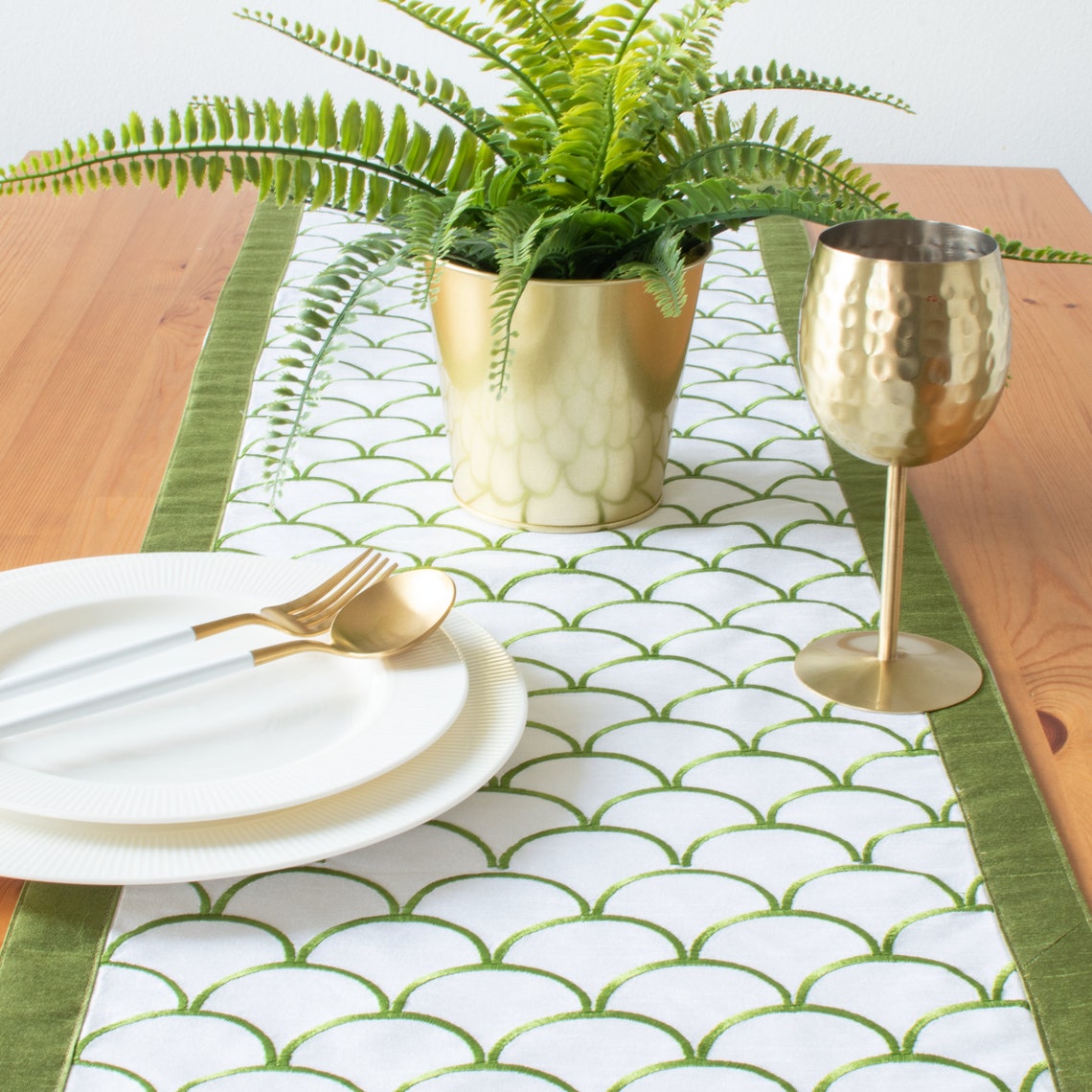Moss Green Dining Table Runners 13x108 Inch Scallops Etsy