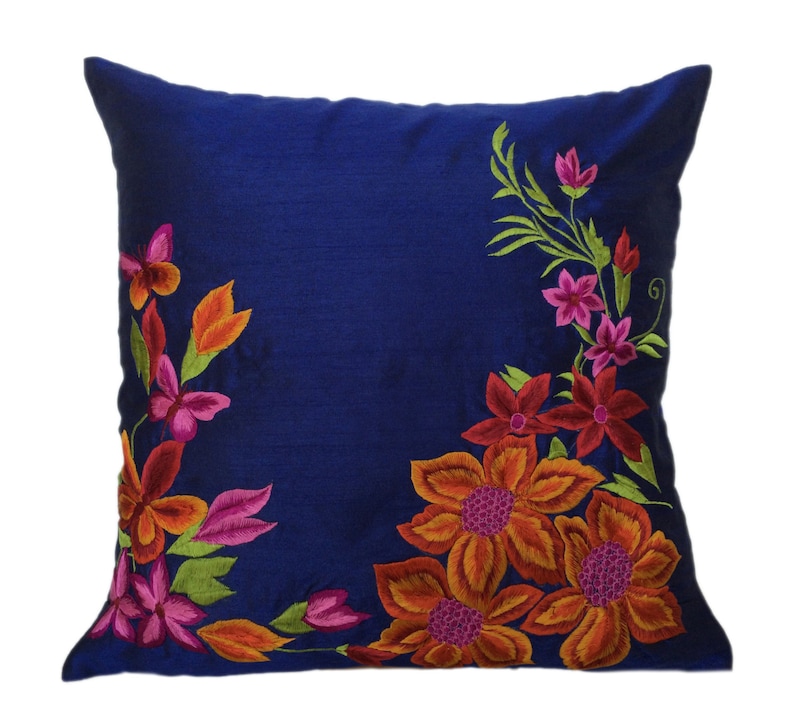 Blue Floral Embroidery Pillow Cover Etsy