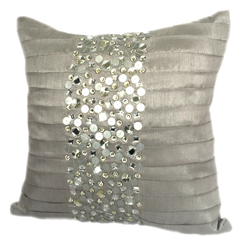 Silver Grey Throw Pillow Cover With Beads and Sequins Etsy