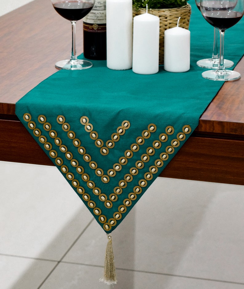 Dark Teal Gold Kitchen Table Runner 72 Inches Long Etsy
