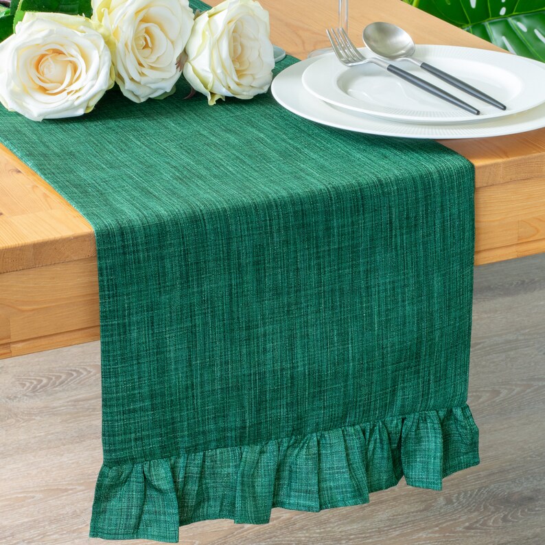 Dark Green Table Runner With Ruffles 90 inches long For Etsy