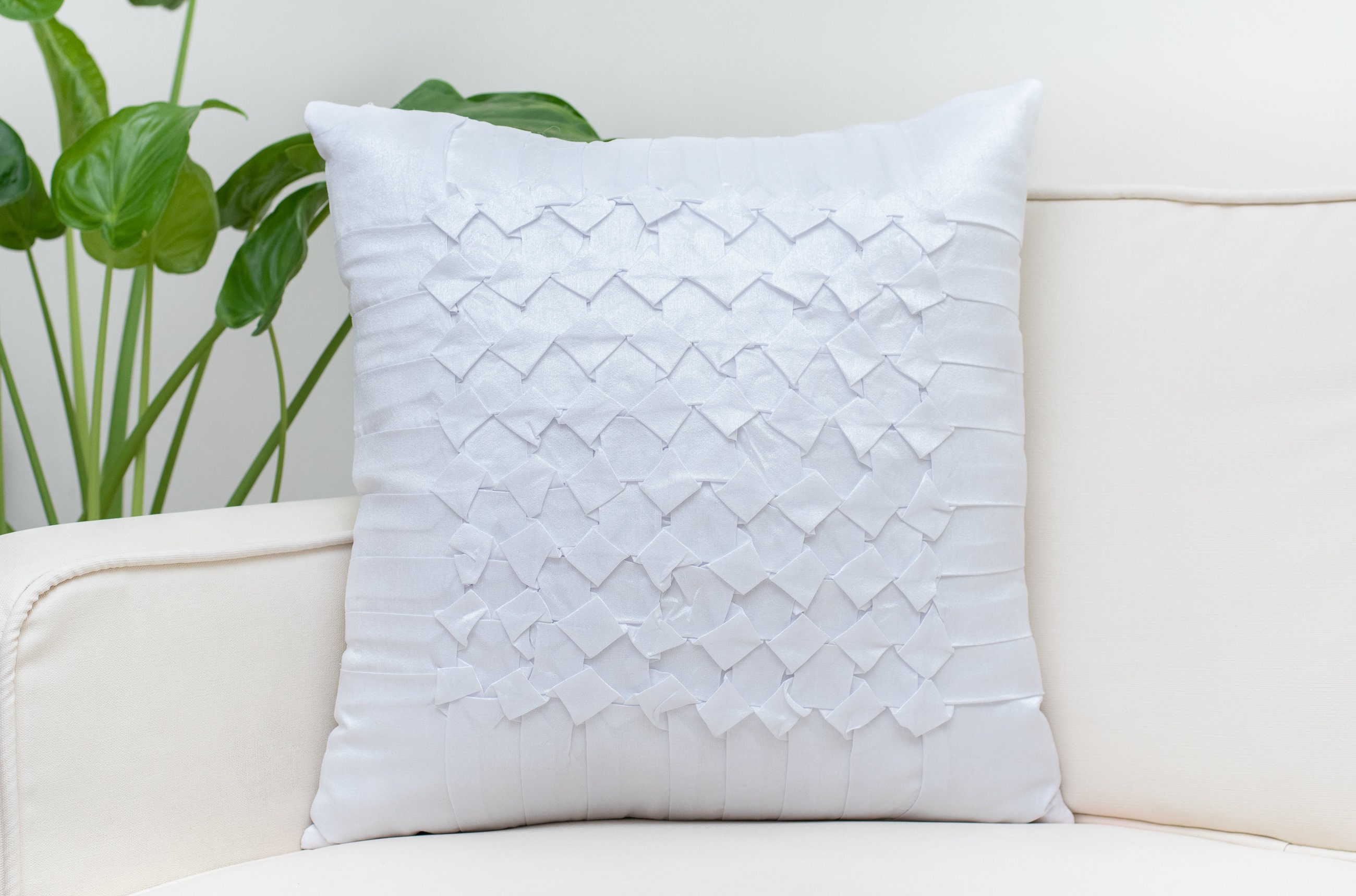 White Throw Pillow Covers 16x16 inch Box Pleated Decorative Etsy