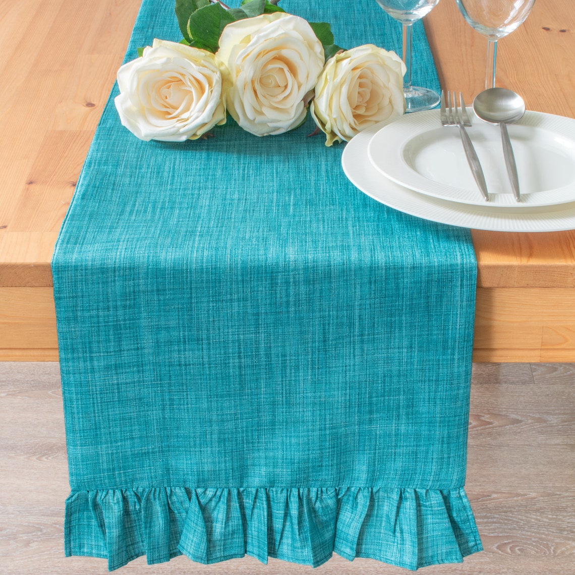 Teal Extra Long Table Runner With Ruffles 120 inches For Etsy