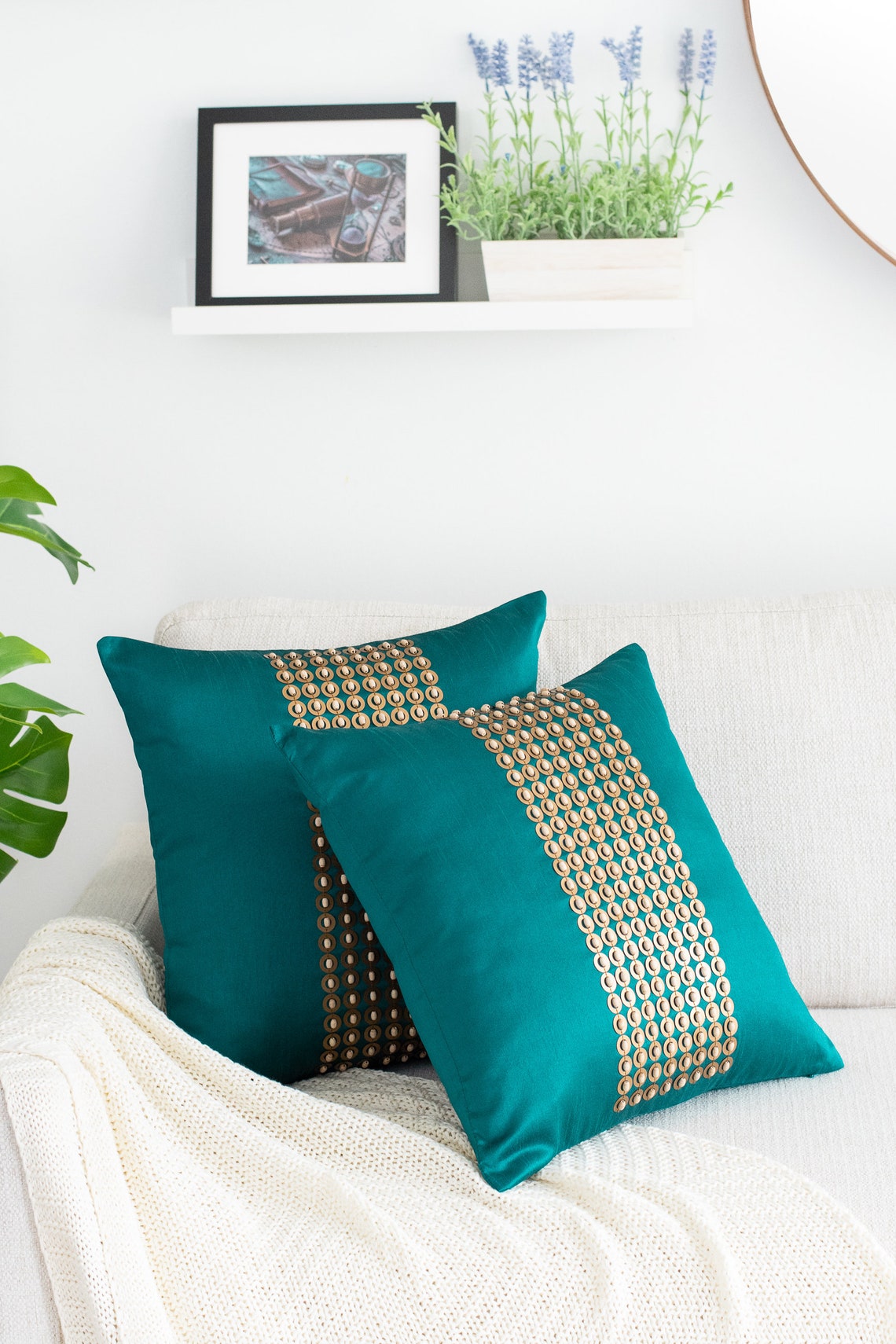 Teal Throw Pillow With Gold Sequin and Wood Beads Embroidery Etsy