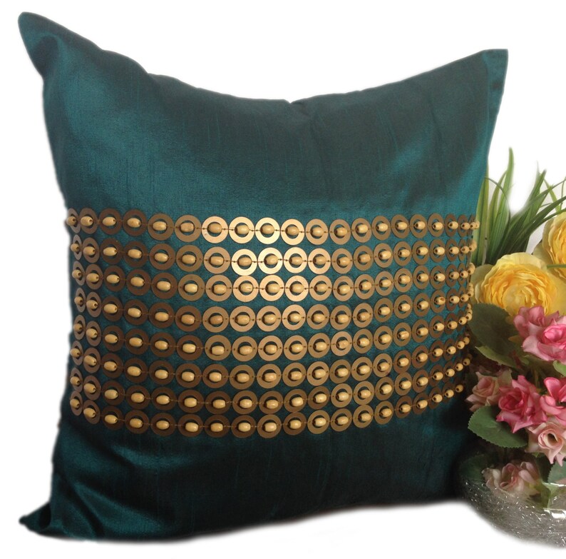 Teal Throw Pillow with Gold Sequin and Wood beads Embroidery Etsy