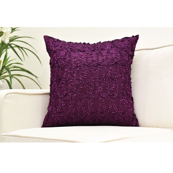 Plum Decorative Pillow Cover With Textured Ribbon Work Etsy