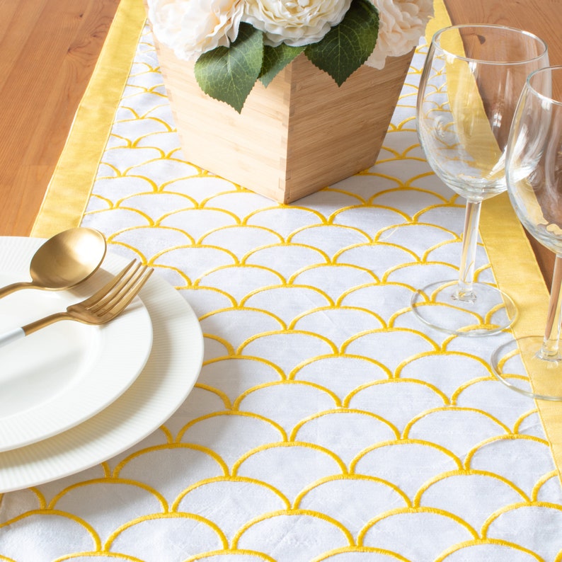 Yellow White Long Table Runners 13x120 inch Scallops Etsy