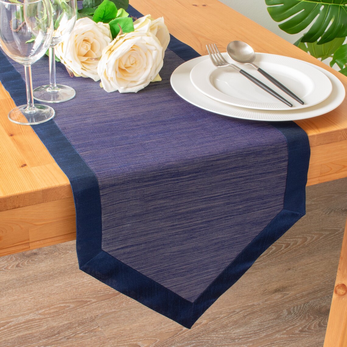 Dark Blue Table Runner 108 Inches Long V Ends for Etsy