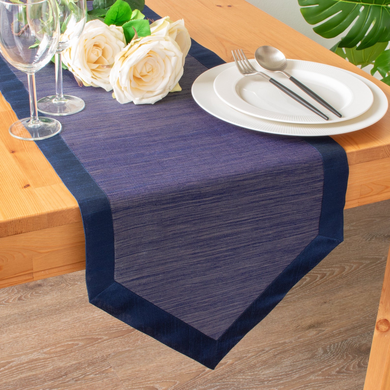 Dark Blue Table Runner 108 Inches Long V Ends for Etsy