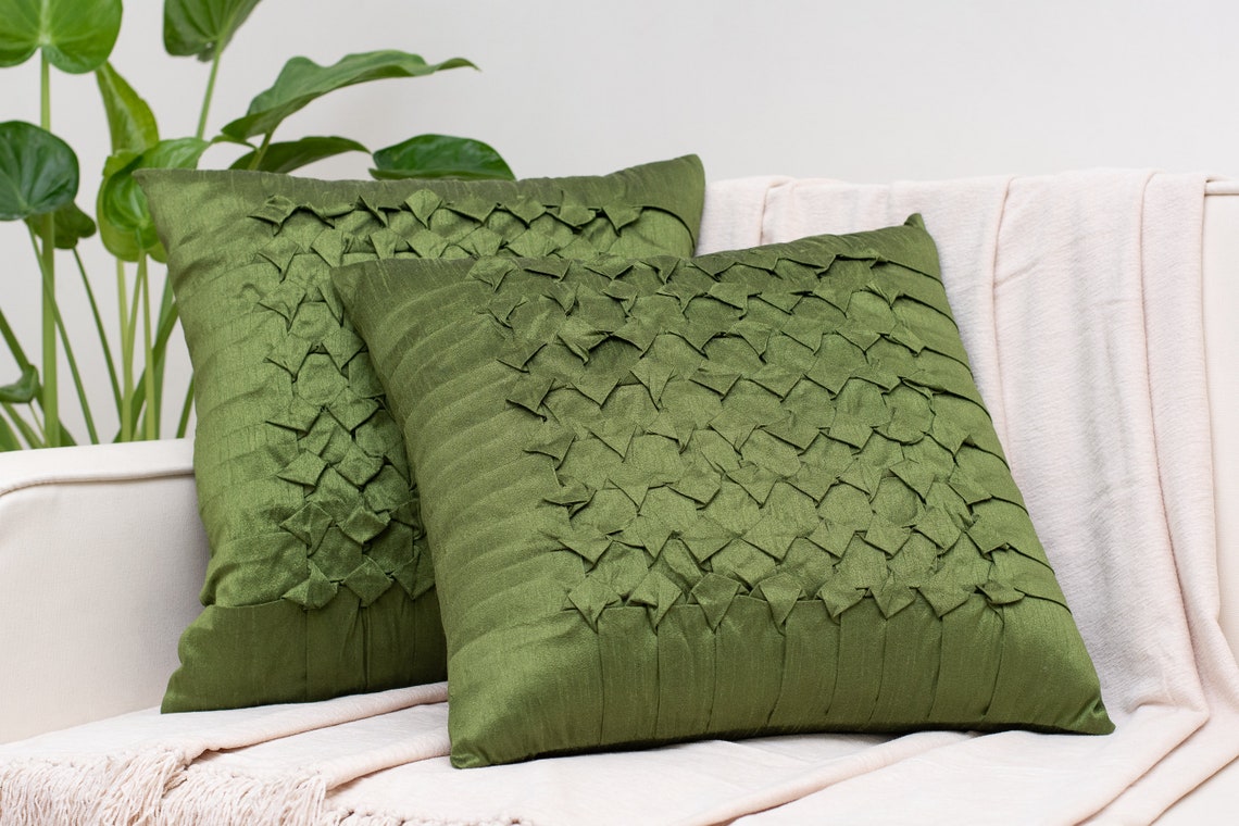 Moss Green Throw Pillow Covers 16x16 inch Box Pleated Etsy