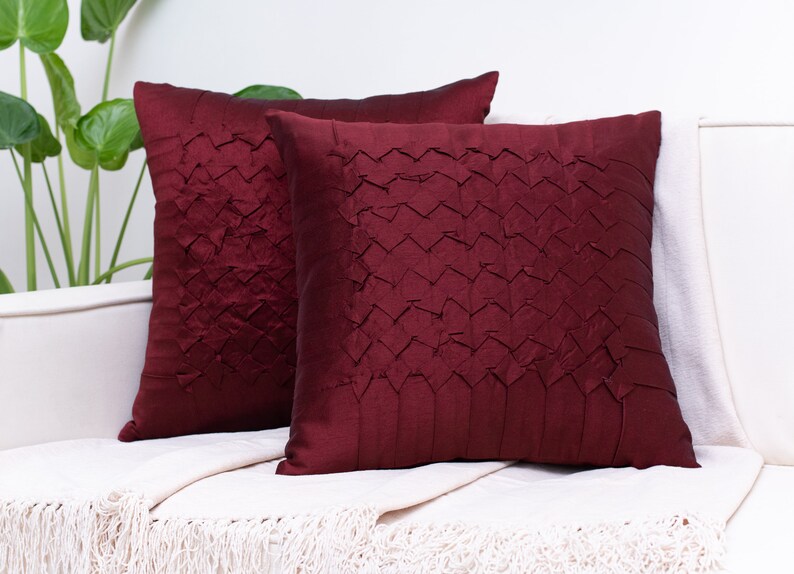 Maroon Throw Pillow Covers 16x16 Inch Box Pleated Etsy