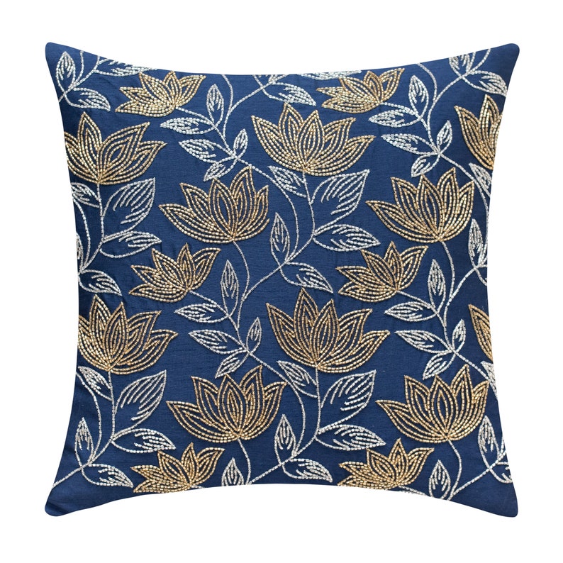 Dark Blue Gold Throw Pillow Cover Floral Pattern Luxurious Etsy