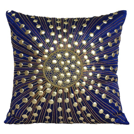 Royal Blue Decorative Throw Pillow Cover With Gold Sequins & Etsy