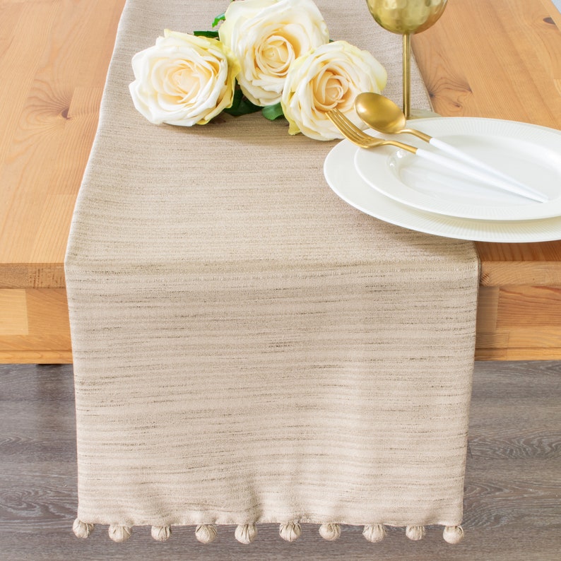 Taupe Side Table Runner with Pom Pom Trimming 36 inch Long Etsy