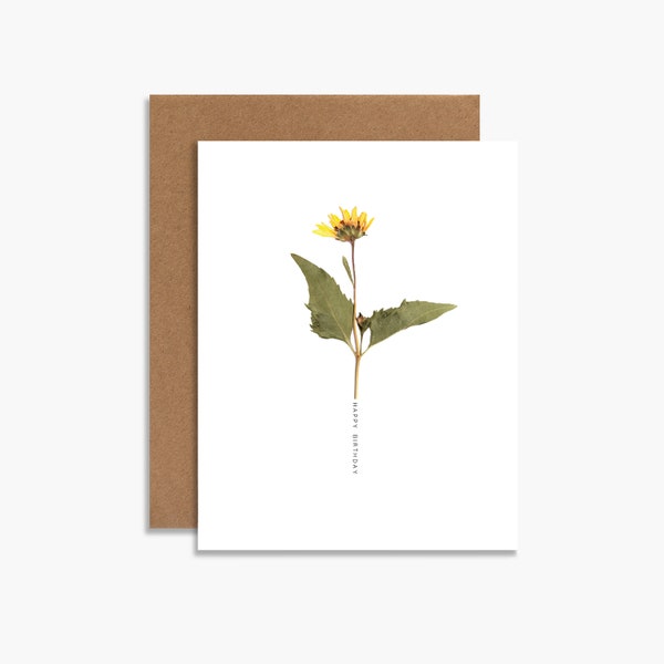 happy birthday botanical greeting card, flower card, art print, birthday card, yellow flower card, minimal card