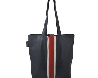 Hand made luxury leather carry all shopper in blue, red and white leather.