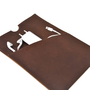 Hand made luxury leather iPad mini  / e-reader cover, top quality dark chocolate brown colored leather. With pocket on front for cables