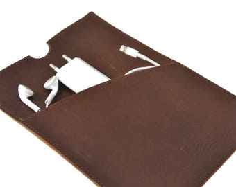 Hand made luxury leather iPad mini  / e-reader cover, top quality dark chocolate brown colored leather. With pocket on front for cables