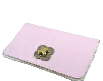 Hand gemaakte luxe clutch portomonnee van echt roze rundleer, met separaat kleine portomonnee. Voor creditcard, geld, paspoort en telefoon