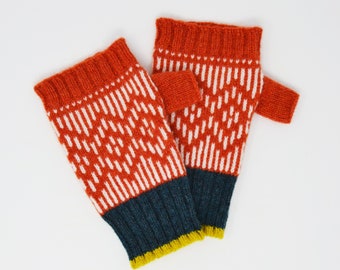 Orange, petrol  knitted fingerless mittens, extra soft Lambswool