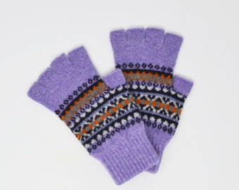 Lilac fair Isle style half finger gloves, violet woollen gloves