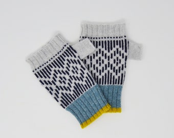 Grey, blue knitted fingerless mittens, extra soft Lambswool, grey gloves