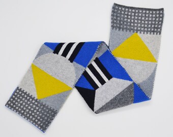 Cobalt blue, grey  lambswool scarf geometric style, blue scarf, woollen scarf