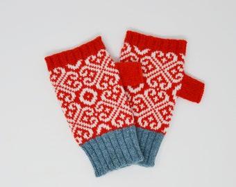 Red Celtic Lambswool wrist warmers, fingerless mittens, wollen gloves