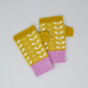 Yellow, white knitted fingerless mittens, extra soft Lambswool