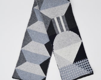 Monochrome  lambswool scarf geometric style, black and white scarf, woollen scarf