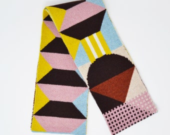 Retro yellow lambswool scarf geometric style, pink scarf, woollen scarf