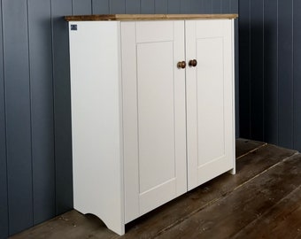 4 shelf tall cupboard with storage shelves and panel style soft close doors. Shoe rack cabinet for hallway living dining room or study