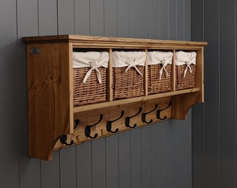 Country Farmhouse Coat Rack with Cubbies and Baskets in Solid Wood for Hallway or Boot Room