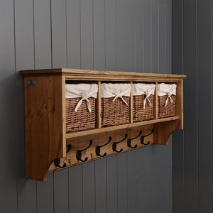 Country Farmhouse Coat Rack with Cubbies and Baskets in Solid Wood for Hallway or Boot Room