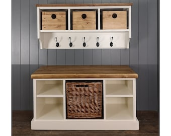 Shoe bench coat rack hallway set with large storage basket storage box  shoe rack coat hooks in a choice of colours and sizes