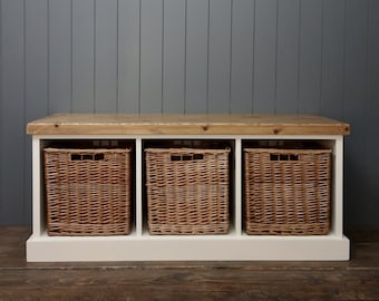 Large shoe bench with 3 single baskets seat with rustic top different colours and sizes hallway utility room porch great with our coat racks