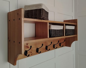 Rustic Coat Rack with Shelf & Baskets | Solid Pine Hallway Wall Storage | Entryway Coat Hooks | Farmhouse Mudroom Organiser | Handmade UK