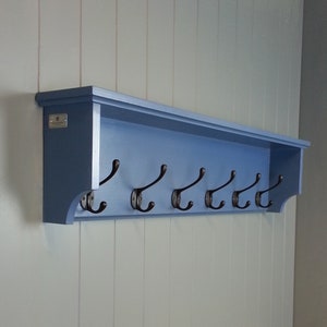 Hat & coat rack with closed back and single shelf. Wall mounted solid wood with cast iron hooks for hall kitchen bathroom or bedroom image 1