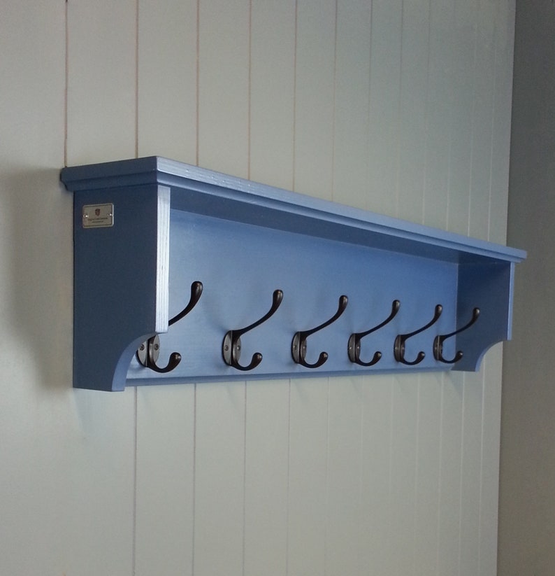 Hat & coat rack with closed back and single shelf. Wall mounted solid wood with cast iron hooks for hall kitchen bathroom or bedroom image 1