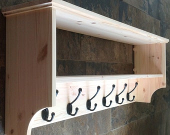 Hat & coat rack with shelf. Wall mounted solid wood display shelves with cast iron hooks for hall kitchen bathroom or bedroom