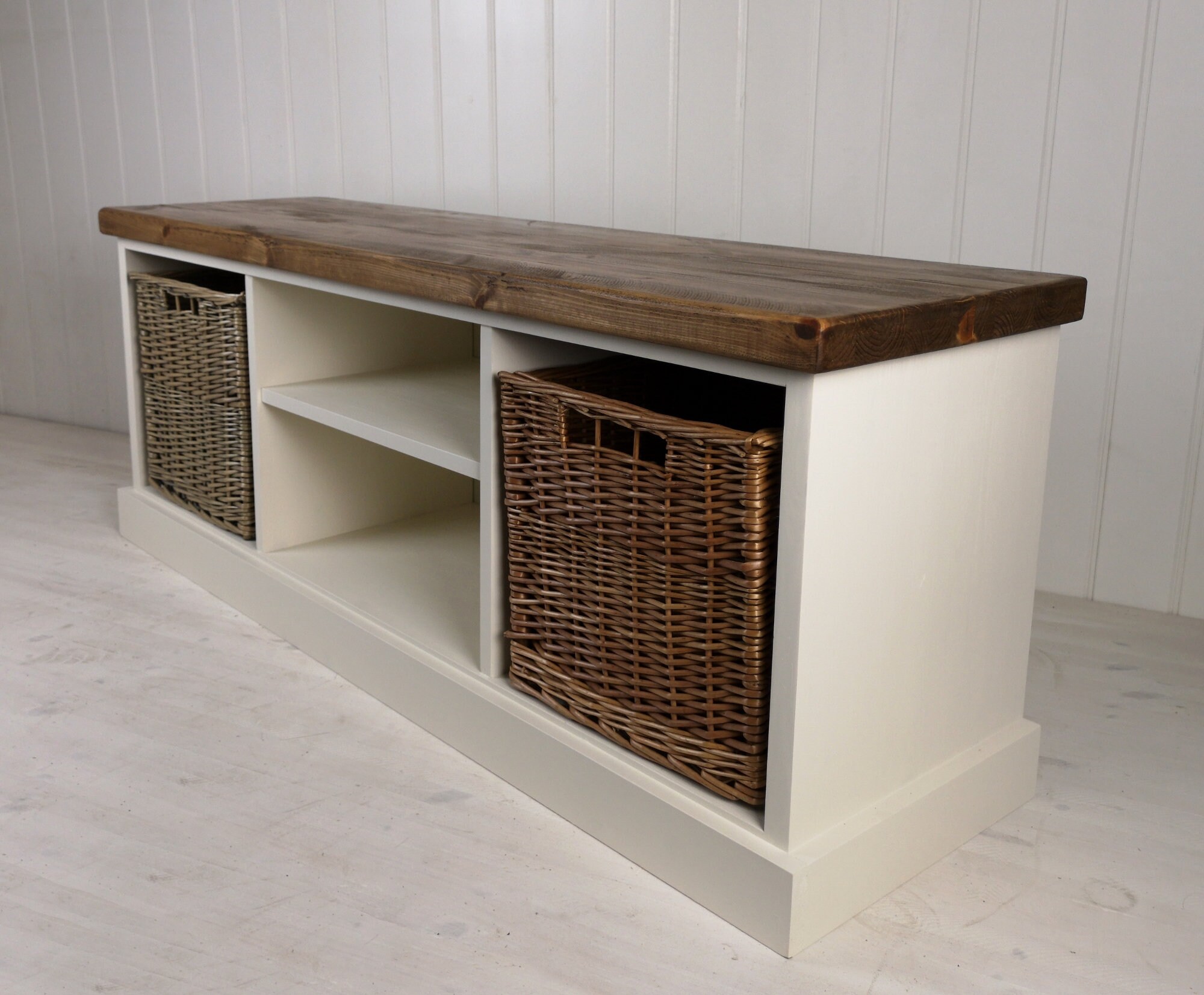 Painted Shoe Bench Rustic Top and Double Baskets Choose