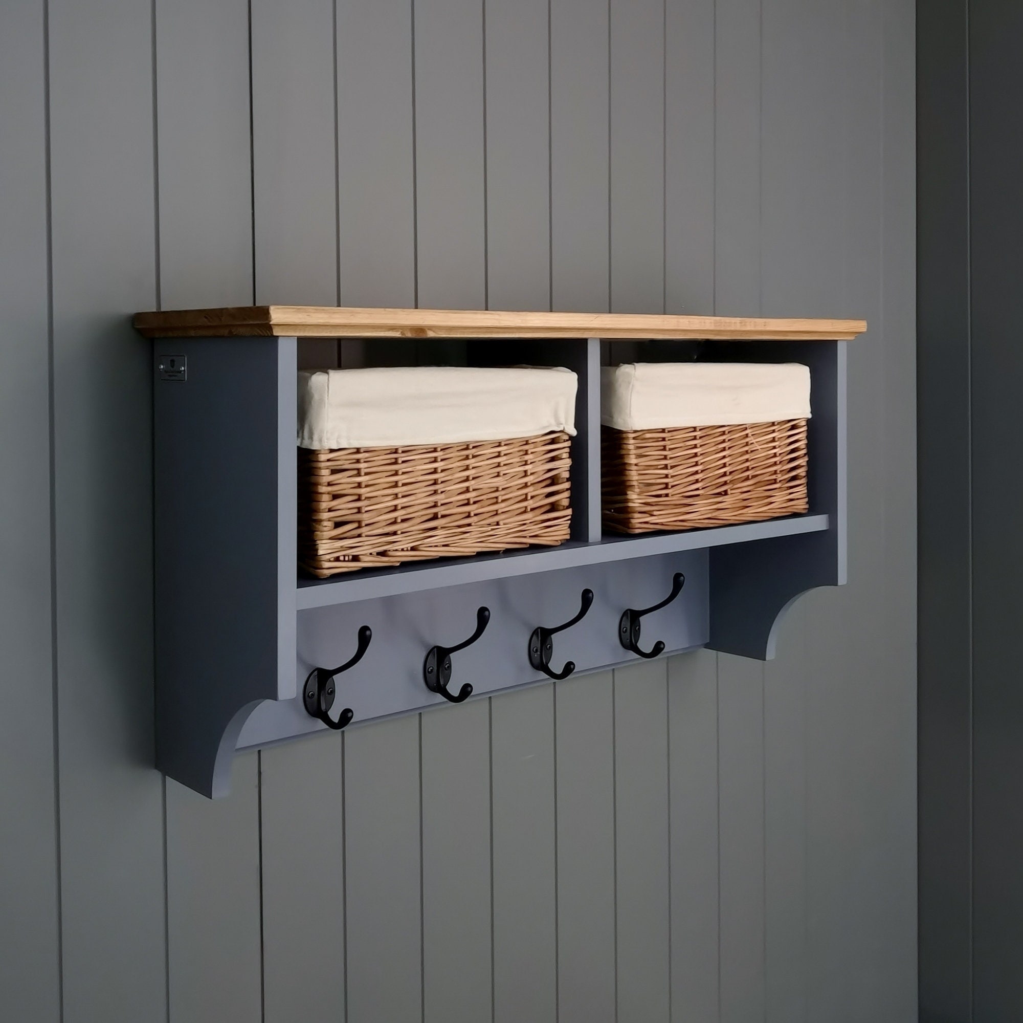 coat rack with shelf and baskets
