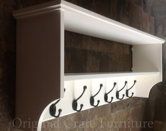 Hat & coat rack with shelf. Painted wall mounted solid wood display shelves with cast iron hooks for hall kitchen bathroom or bedroom