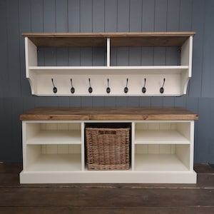 Large shoe bench and coat rack hallway set including basket. Shoe rack and coat hooks in a choice of colours and sizes