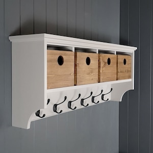 Hat & coat rack with shelf including handmade storage box baskets, compartments and cubby holes. Painted wood wall mounted