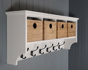 Hat & coat rack with shelf including handmade storage box baskets, compartments and cubby holes. Painted wood wall mounted