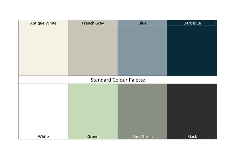 Puede incluir: Una tabla de paleta de colores con 8 muestras de colores. La fila superior muestra Blanco antiguo, Gris franc&eacute;s, Azul y Azul oscuro. La fila inferior muestra Blanco, Verde, Verde oscuro y Negro.