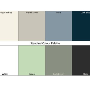 May include: A color palette chart with 8 color swatches. The top row shows Antique White, French Grey, Blue, and Dark Blue. The bottom row shows White, Green, Dark Green, and Black.
