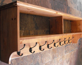 Wide Wood Coat Rack with Shelf, Cast Iron Hooks